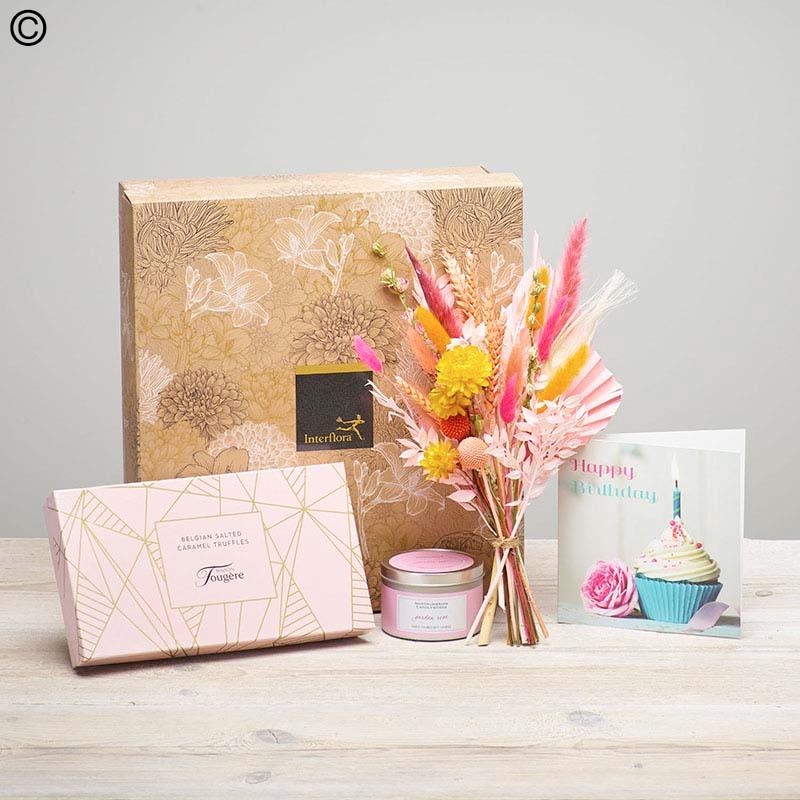 Birthday Dried Flowers, Candle and Caramel Truffles Gift Set